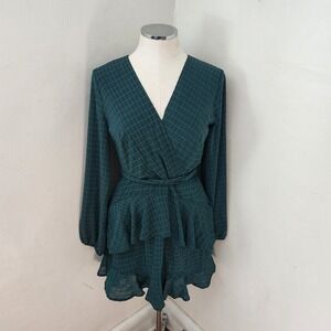 Francesca's Dee Elly Dark Green Plaid Ruffle Mini Dress Long Sleeve VNeck Medium